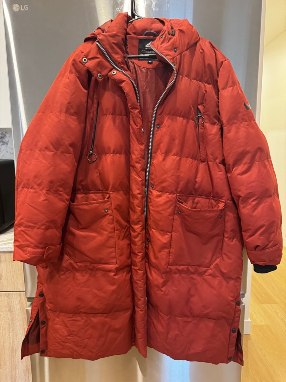Long Red Quilted Puffer Coat with Hood